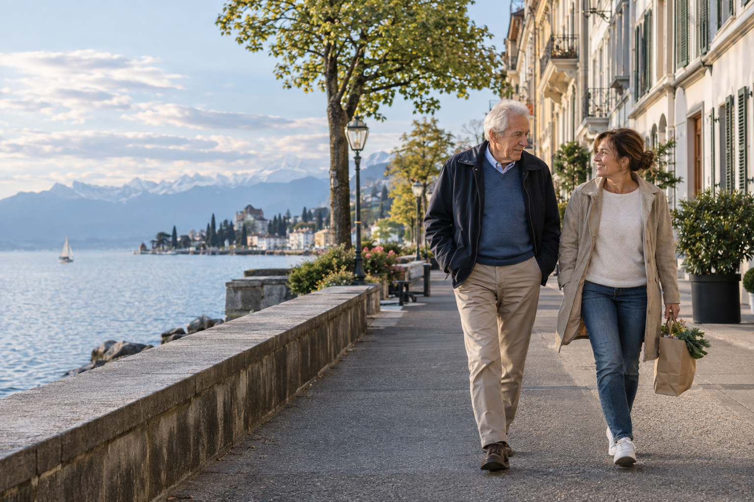 Un homme âgé marche avec une accompagnante dans une rue calme près du Léman.