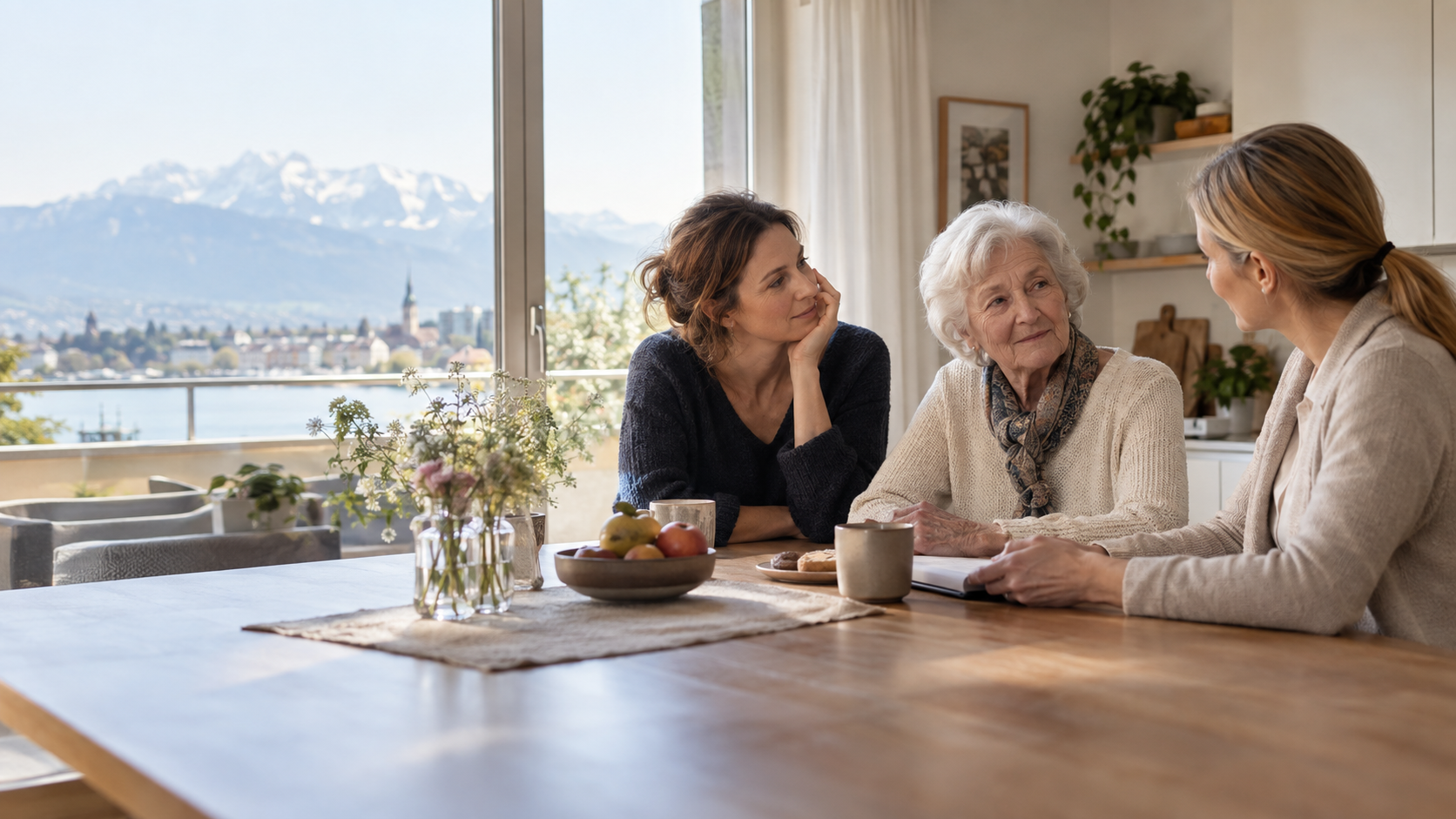 Une femme âgée, sa fille adulte et une accompagnante discutent d'une aide à domicile autour d'une table.
