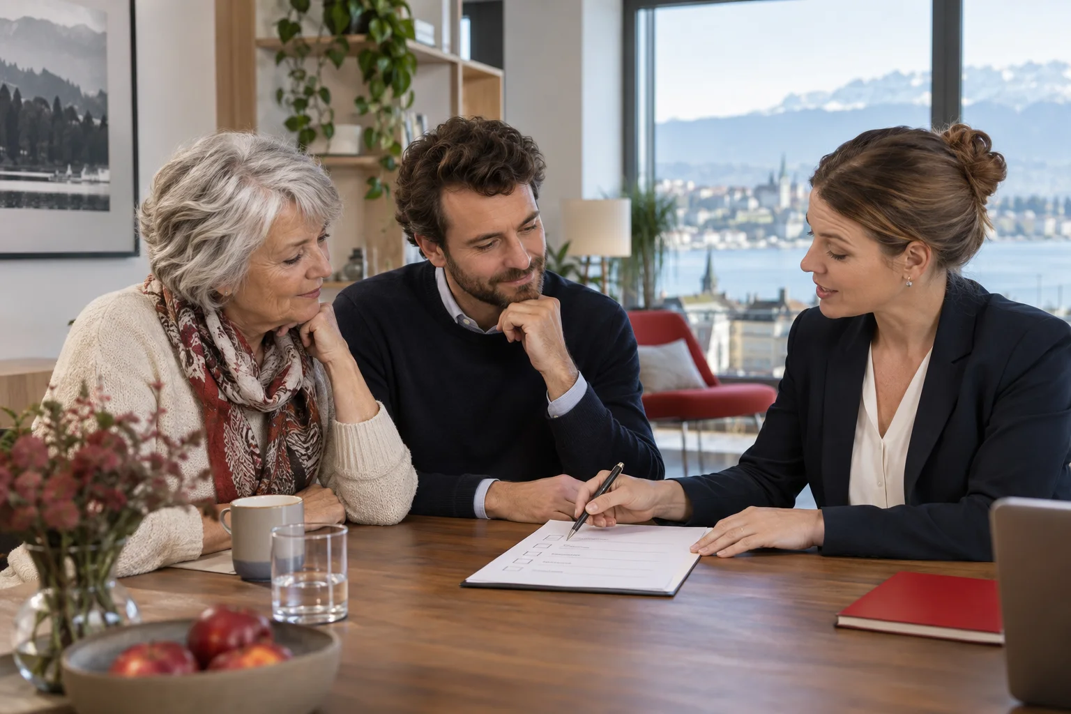 Une senior, son proche et une professionnelle relisent ensemble une grille de vérification.