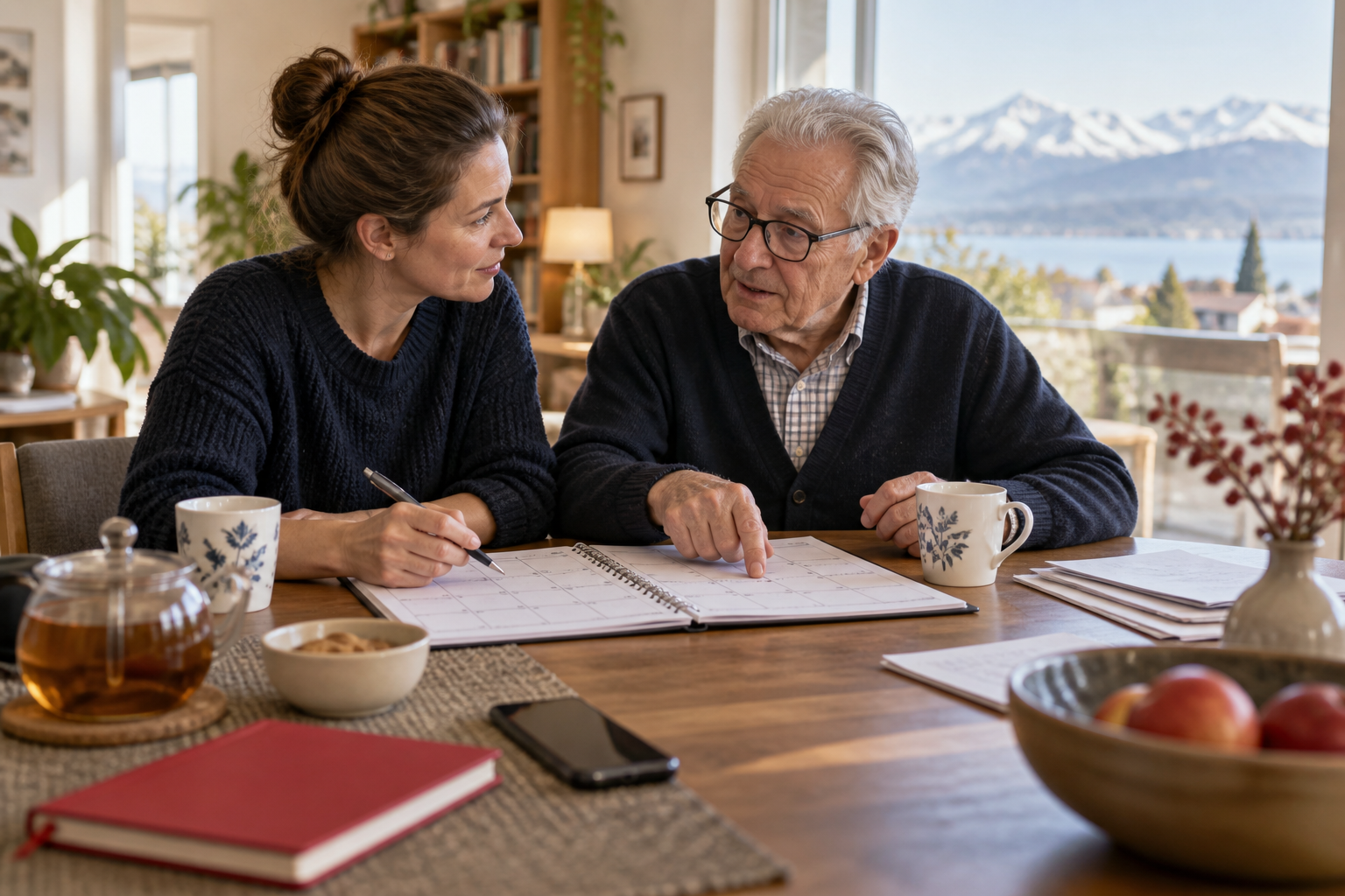Une fille et son père senior organisent un calendrier.